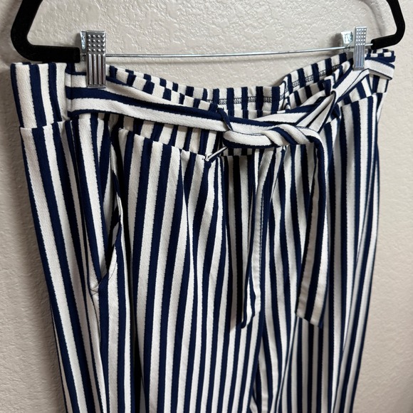AnyBody Womens Size 1X Navy White Stripe Paperbag Waist Wide Leg Cropped Pants - Picture 3 of 10